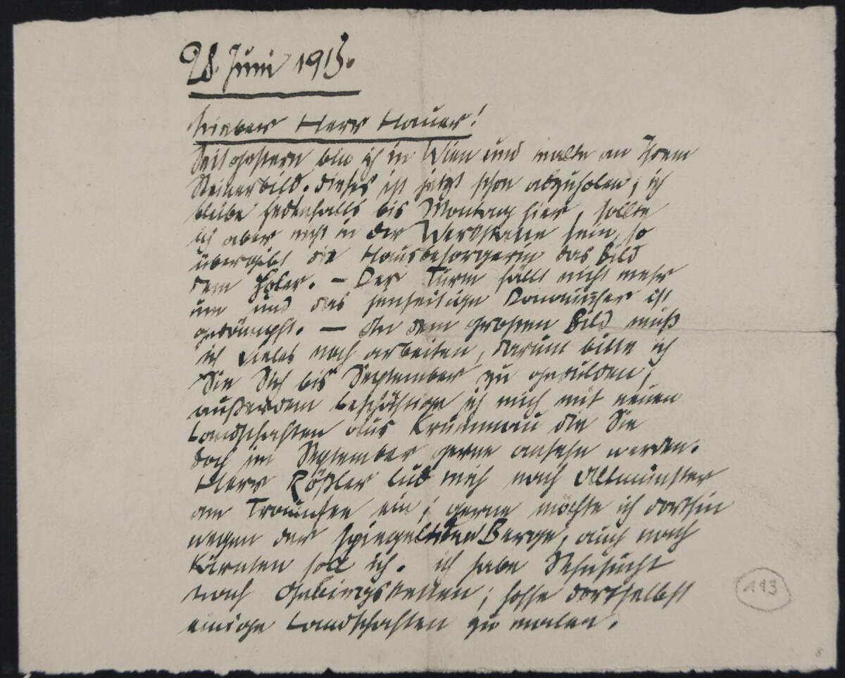 Brief von Egon Schiele an Franz Hauer vom 28. Juni 1913, Inv. Nr.: ESA113r