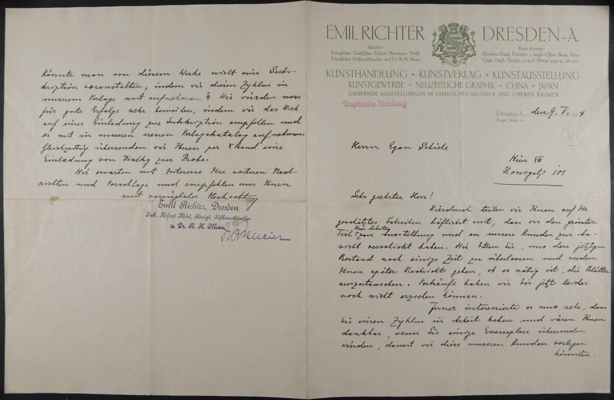 Brief des Kunstsalons Emil Richter an Egon Schiele vom 9. Mai 1914, Inv. Nr.: ESA126