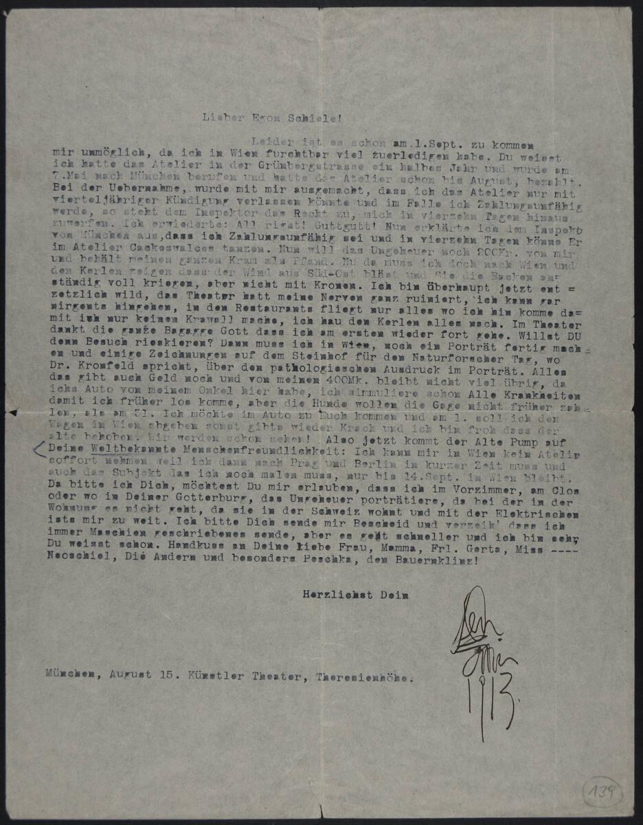 Brief von Erwin Osen aus München an Egon Schiele vom 15. August 1913, Inv. Nr.: ESA139