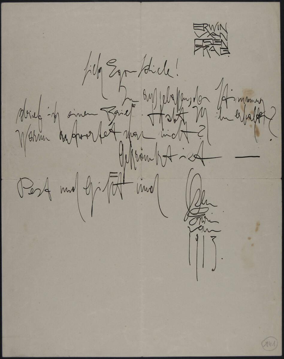 Brief von Erwin Osen aus Prag an Egon Schiele nach dem 17. September 1913, Inv. Nr.: ESA141