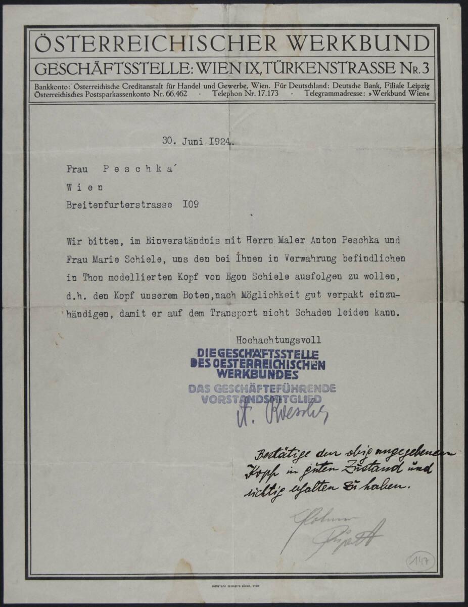 Brief von Arthur Roessler, Österreichischer Werkbund, an Frau Peschka, vom 30. Juni 1924, Inv. …