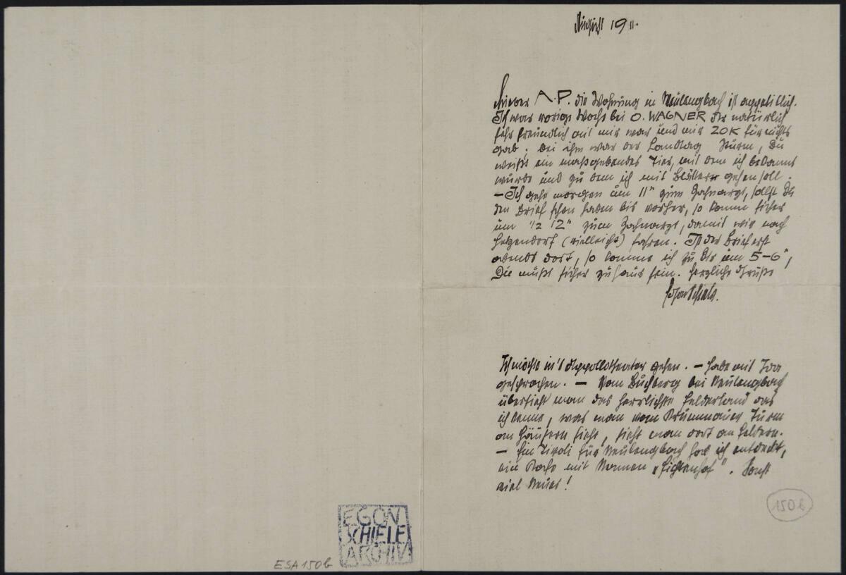 Brief von Egon Schiele an Anton Peschka vom 29. August 1911, Inv. Nr.: ESA150b