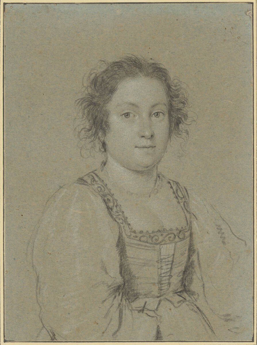 Brustbild einer jungen Frau mit gelocktem Haar, in einem Kleid mit weiten Ärmeln, Ottavio Leoni