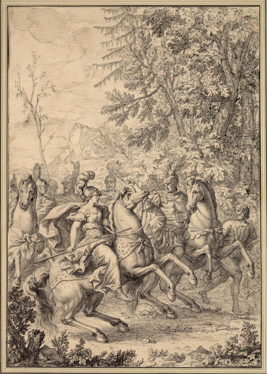 Francesco Fontebasso, Armida, von Gottfrieds Rittern begleitet, die sie in Fische verwandeln wi…