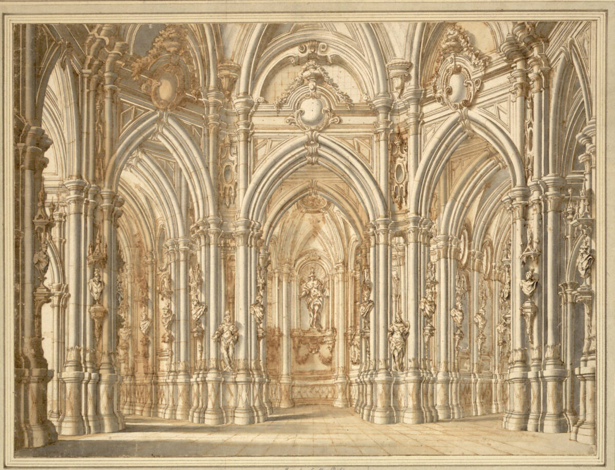 Gotische Halle mit zwei seitlichen Galerien, Giuseppe Galli Bibiena