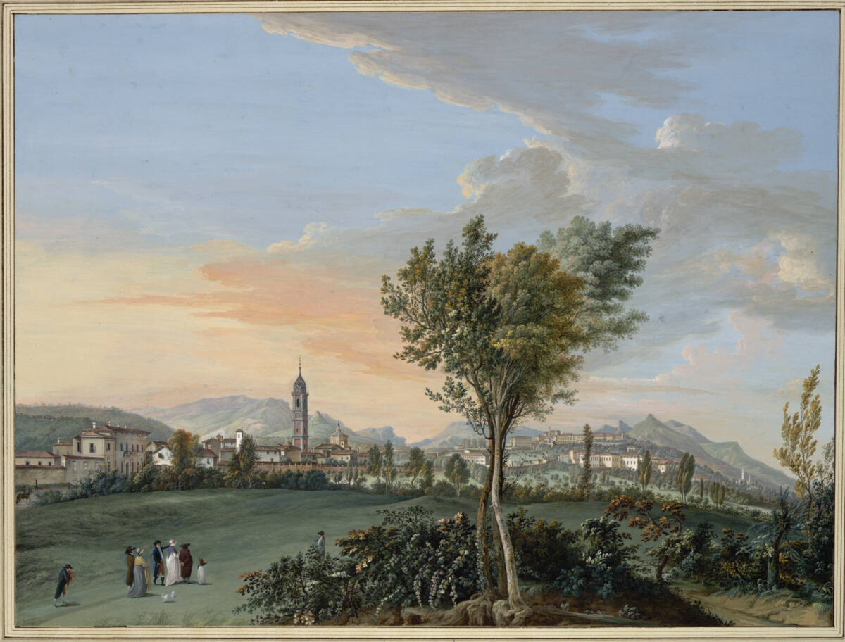 Ansicht von Varese auf den Hügeln am Rande der Mailänder Ebene; im Vordergrund eine Gruppe von Spaziergängern in Rückenansicht, GiosafattoAlfieri