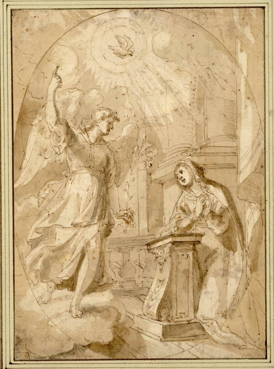 Die Verkündigung. (In ein stehendes Oval ist eine Säulenarchitektur eingezeichnet; rechts kniet die Madonna auf einem Betstuhl; von links nähert sich, auf Wolken stehend, der Engel), Orazio Borgianni