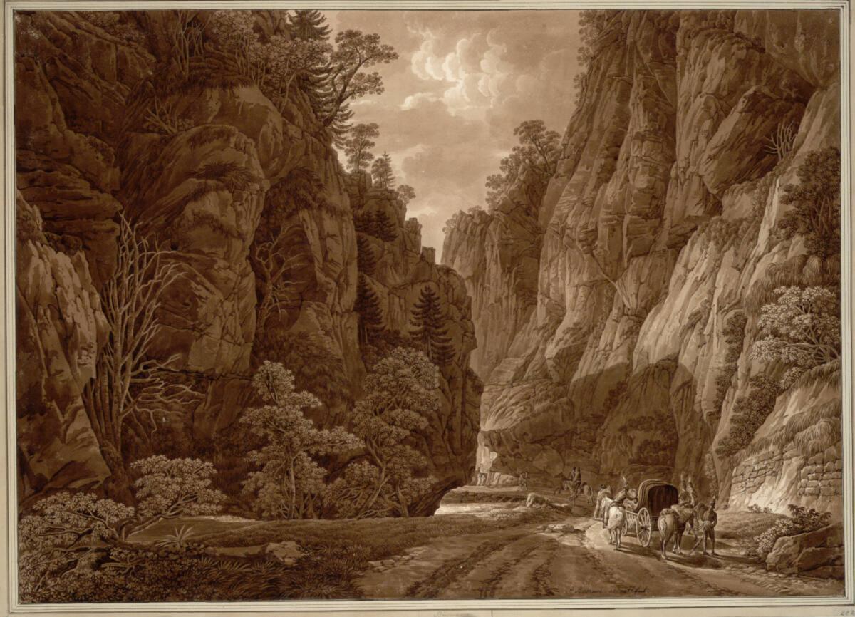 Peter Birmann, Klamm im Höllental im Schwarzwald mit Figurenstaffage französischer Militärs, vo…