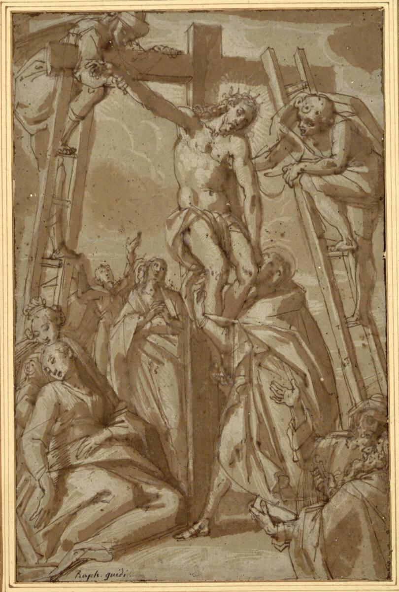 Raffaello Guidi, Kreuzabnahme (Links die beiden Marienunter dem Kreuz, dahinter zwei weitere Fi…