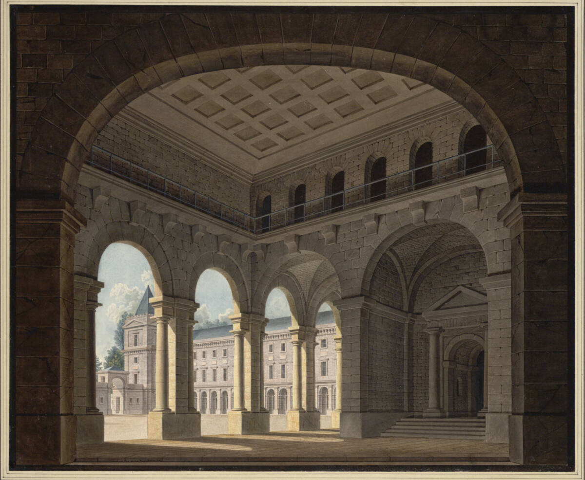 Bühnenbild: Durchfahrtshalle eines Palastes mit Blick in den Hof, der von Arkaden dorischer Ordnung umgeben ist, AntonGraff