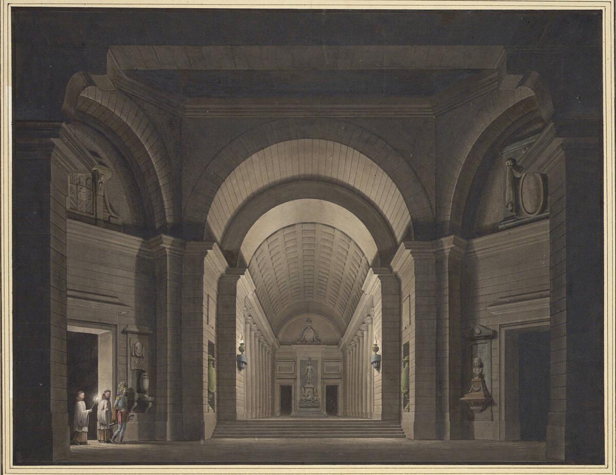 Anton Graff (von Mannheim), Bühnenbild: Inneres eines Memorialbaus, den ein Ritter, begleitet v…