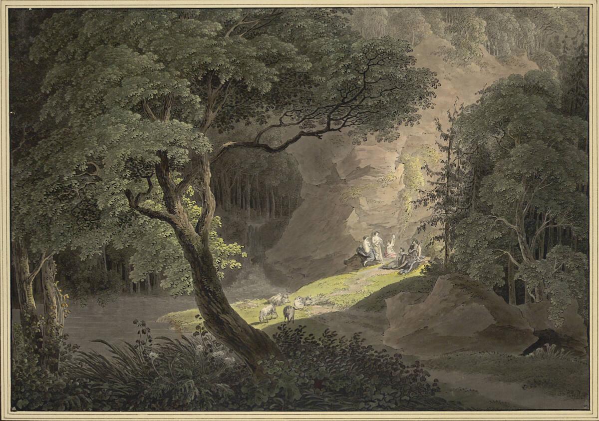 Christian August Günther, Hirte mit Nymphen und weidenden Schafen in einer Waldlichtung mit Was…
