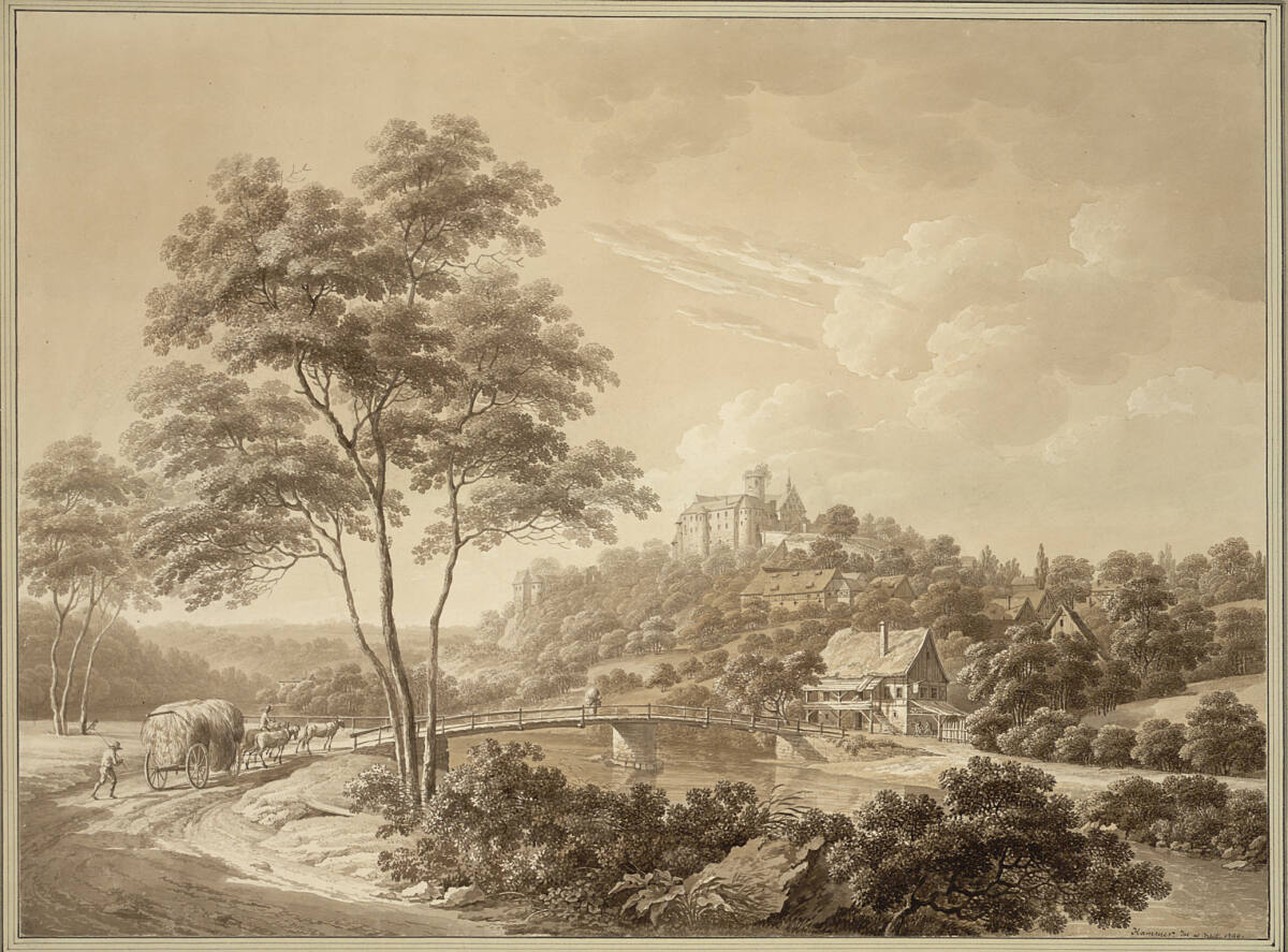 Blick auf Schloss Scharfenstein im Zschopautal im Erzgebirge; am Fuß des Schlosshügels Fluss mit Brücke, Christian Gottlob Hammer, 1799