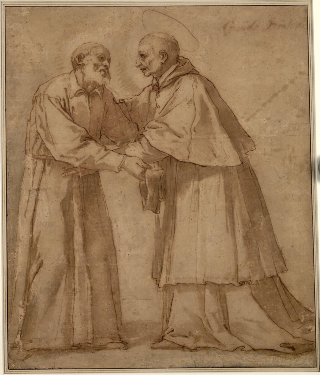 Der heilige Karl Borromäus umarmt den heiligen Filippo Neri, auf den er von rechts her zukommt, Luca Ciamberlano