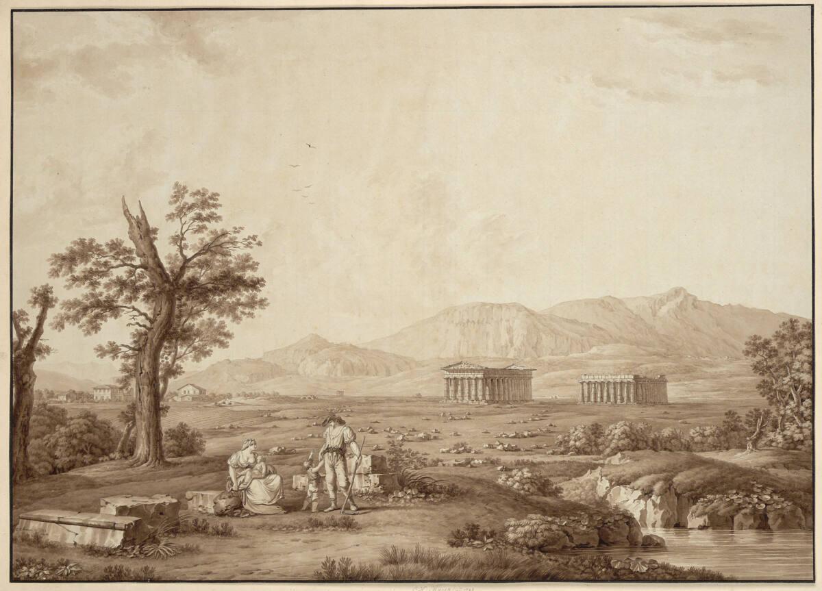 Christoph Heinrich Kniep, Ebene von Paestum mit dem Poseidontempel und der sogenannten Basilika…
