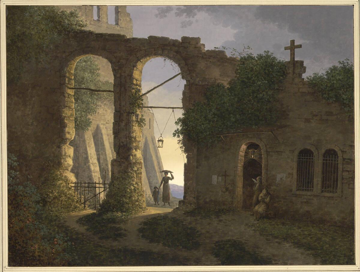 Joseph August Knip, Ruine, die als Kartause dient; auf dem Weg von Rom nach Cora ( 2 hohe Durch…