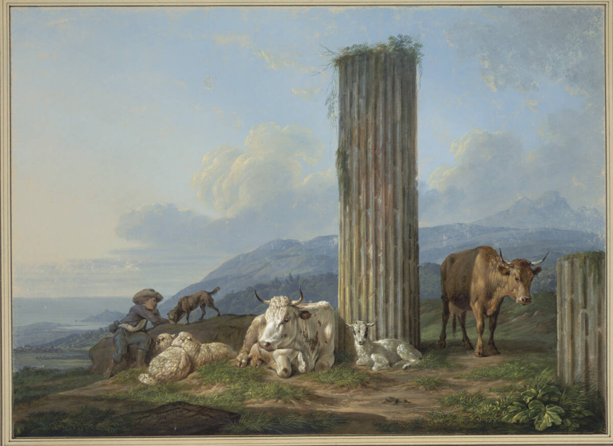 Zwei Schafe und zwei Kühe mit einem Hirten bei antiken Säulenstümpfen in südlicher Landschaft, Karl Kuntz, 1798