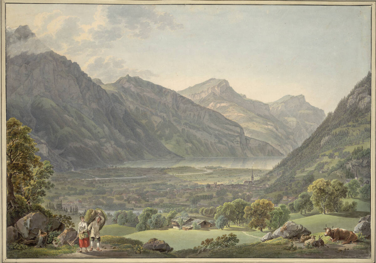 Die Umgebung von Altdorf am Vierwaldstätter See mit einem von der Heuernte heimkehrenden Bauernpaar, Gabriel Ludwig Lory, 1795
