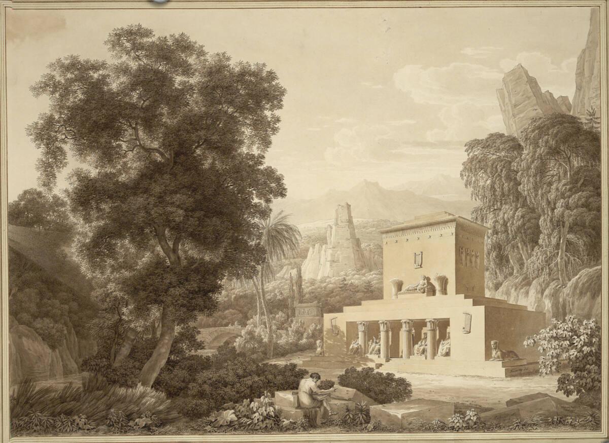 Jacob Wilhelm Mechau, Johann Gottfried Klinsky, Entwurf für ein Klopstock-Denkmal, situiert in …