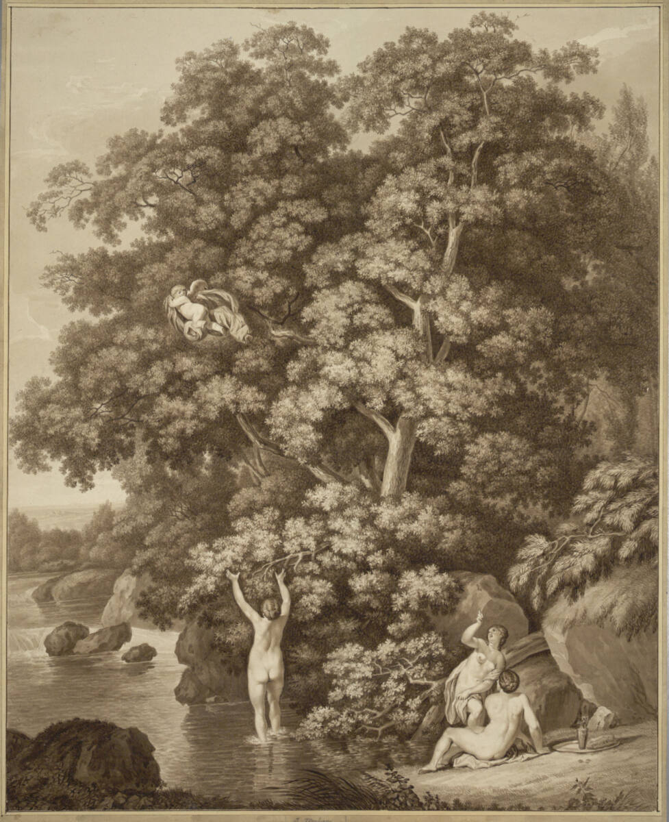 "Das Bad der Grazien" (Die drei Grazien am Fluss unter einer Gruppe von mächtigen Laubbäumen; Amor entflieht mit dem Hemd einer Grazie), Jacob Wilhelm Mechau