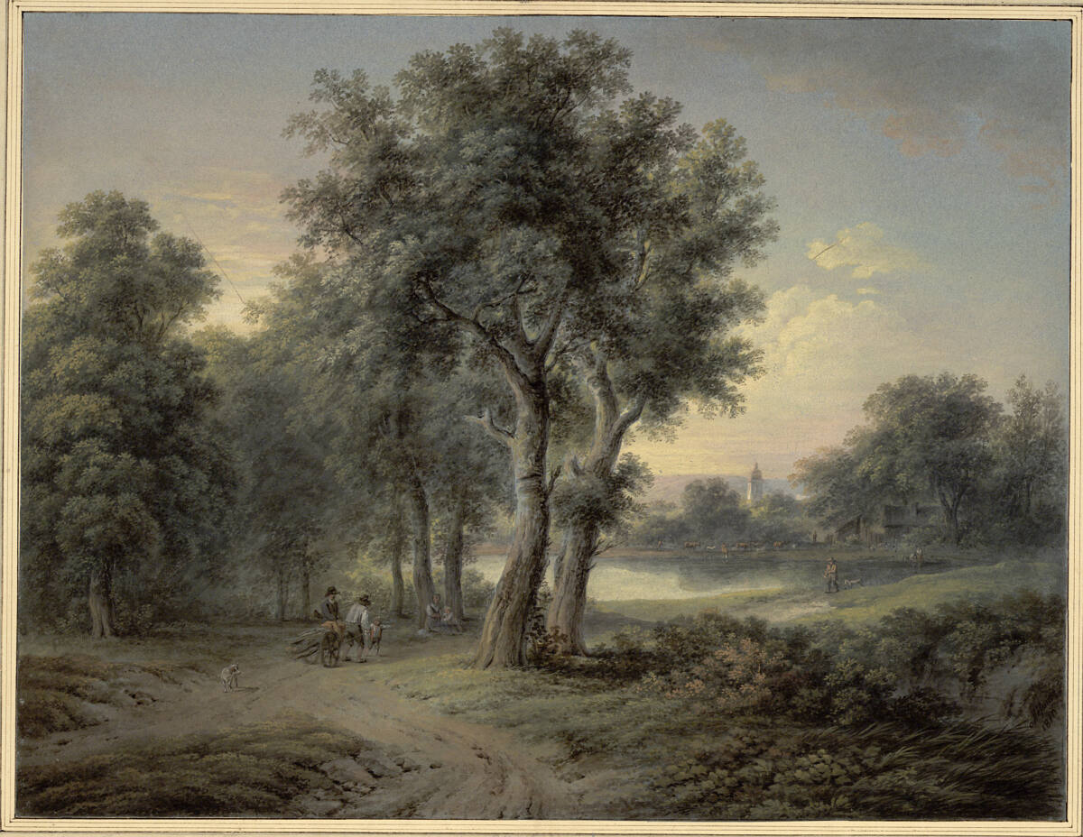 Hain mit Holzkarren, rechts ein Teich, dahinter Kirchturm, Joseph Mössmer, 1810