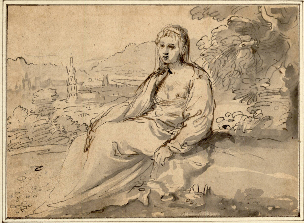 Sitzende weibliche Figur nach links in einer Landschaft; im Hintergrund eine Stadt vor Hügeln, Alessandro Tiarini