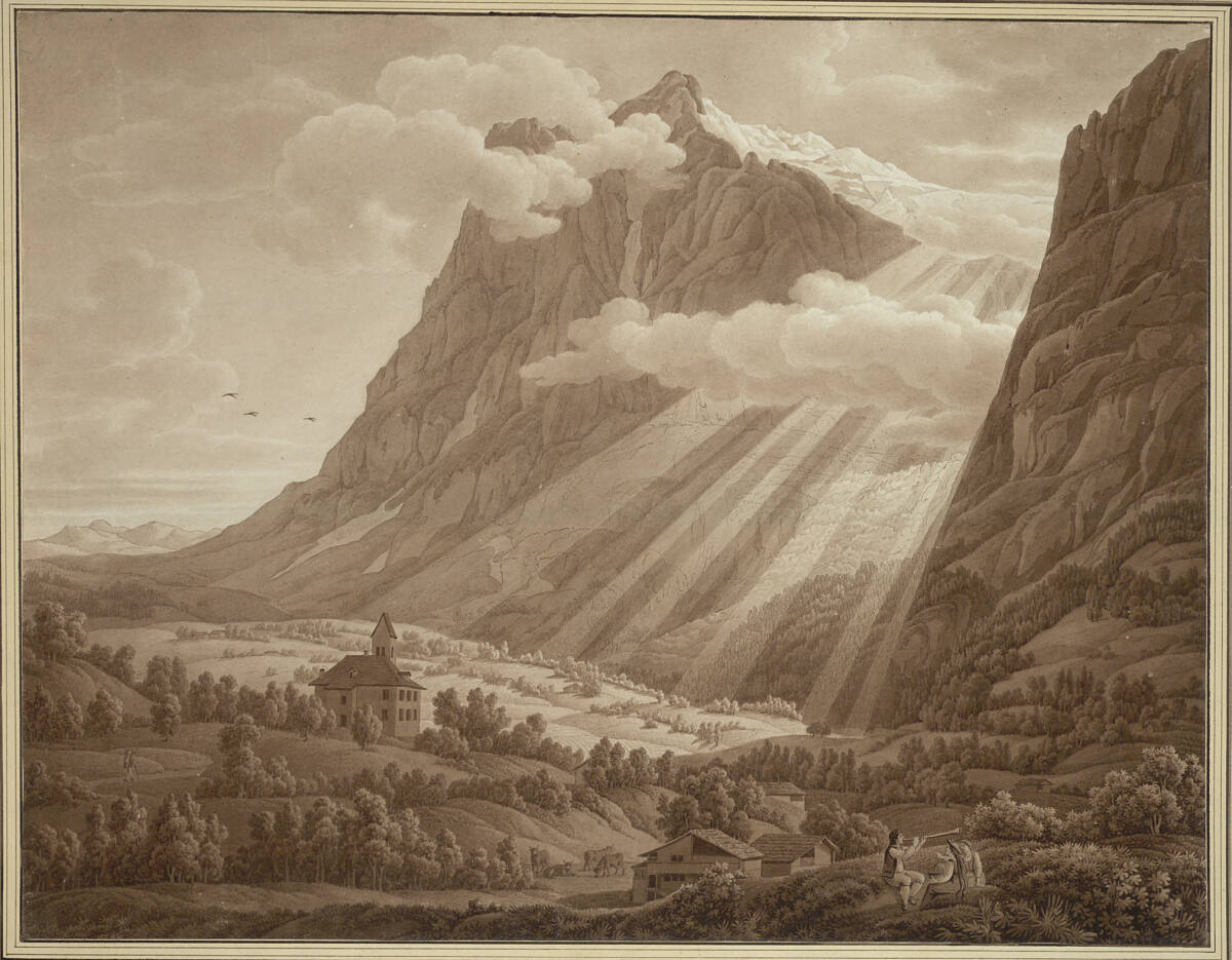 Blick auf Wetterhorn und Grindelwaldgletscher mit ländlicher Figurenstaffage, Johann August Nahl der Jüngere, 1788–1790
