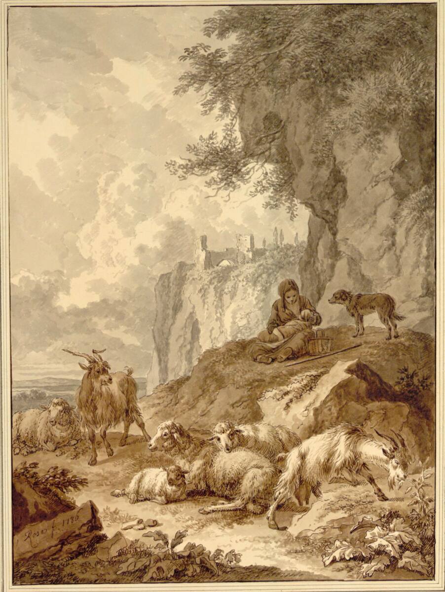 Hirtin mit ihrem Säugling und der Herde unter einer Felswand, Joseph Rosa, 1786