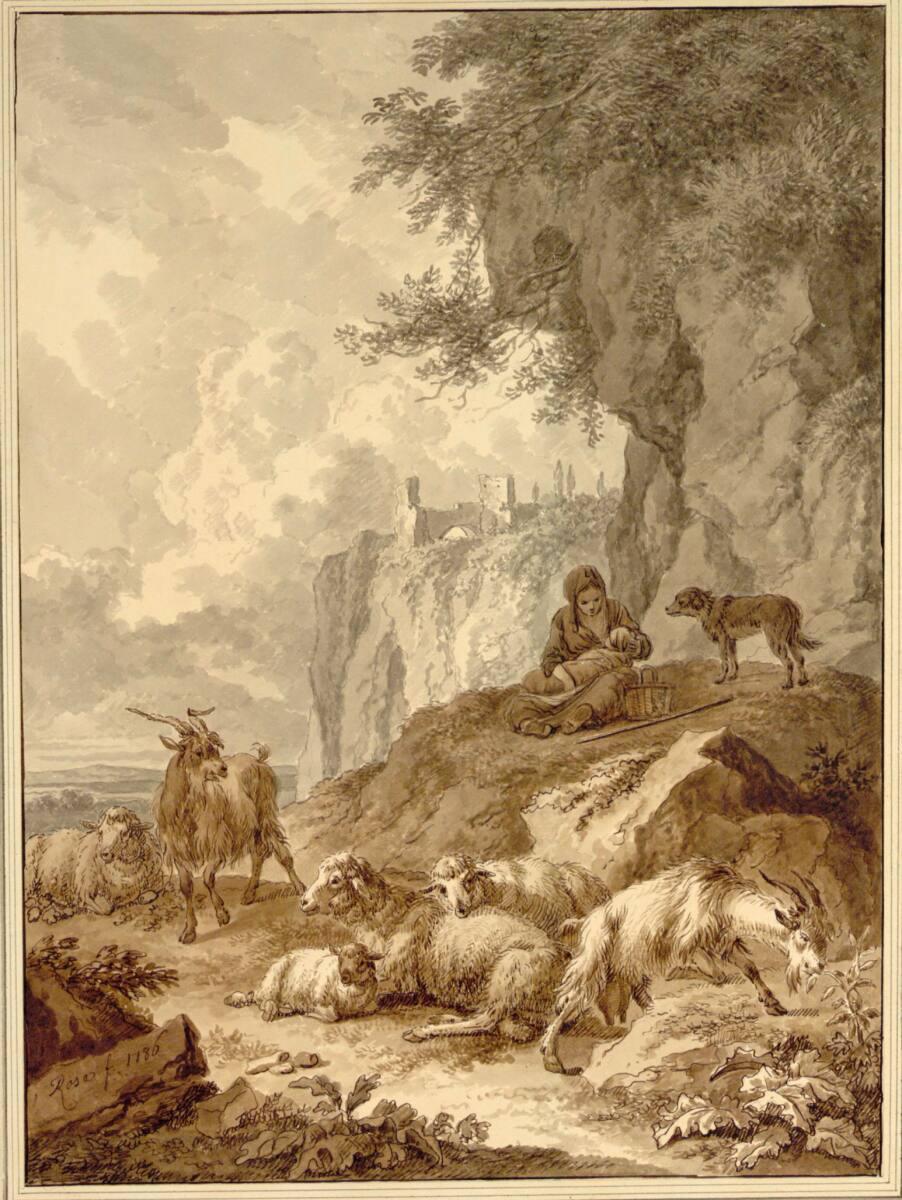 Joseph Rosa, Hirtin mit ihrem Säugling und der Herde unter einer Felswand, Inv. Nr.: 14891