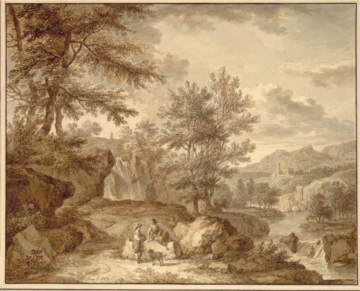 Ländliches Paar mit Hund in arkadischer Landschaft, Joseph Rosa, 1786