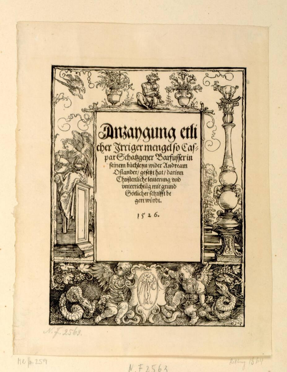 Titelbordüre mit Laute spielendem Engel (Titelholzschnitt zu Anzeigung etlicher Mängel ..., Würzburg 1526), Albrecht Dürer, 1526