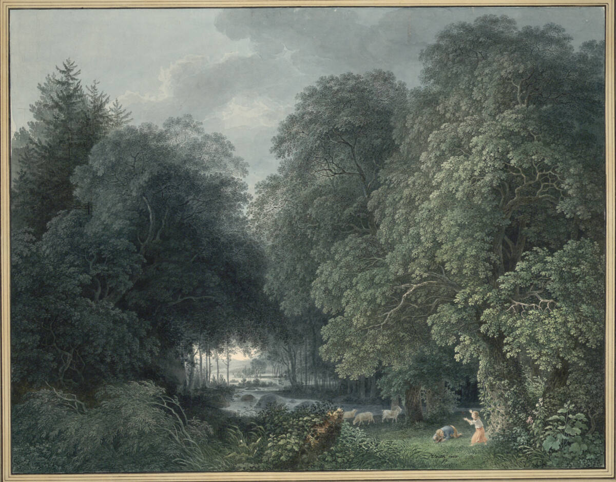 Dicht bewaldete Landschaft an einem Flusslauf, auf einer Lichtung weidende Schafe und spielende Kinder, Johann Philipp Veith, 1793