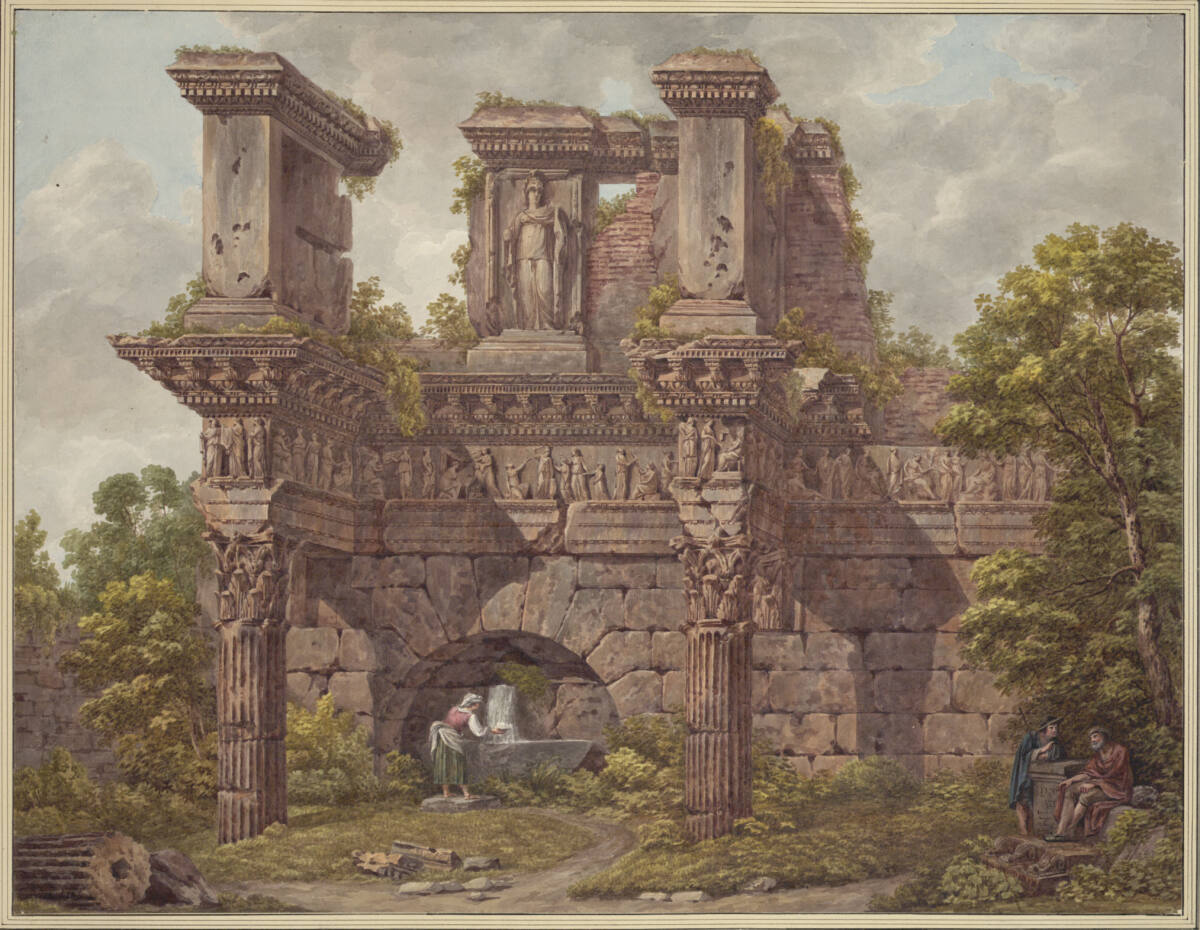 Partie aus dem Nerva-Forum in Rom in einer Phantasielandschaft, Maximilian von Verschaffelt, 1801