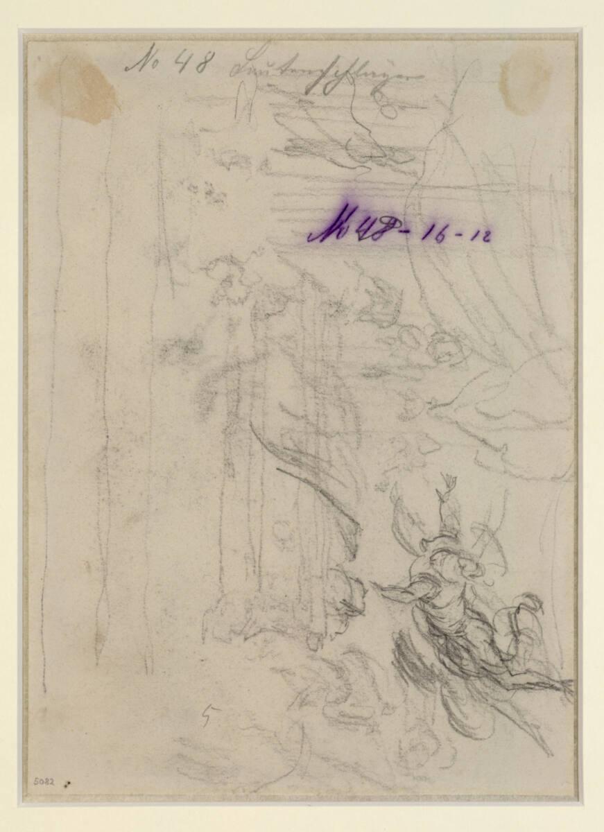 Hans Canon, Kompositionsskizze mit schwebender Figur rechts unten, Inv. Nr.: 5082v