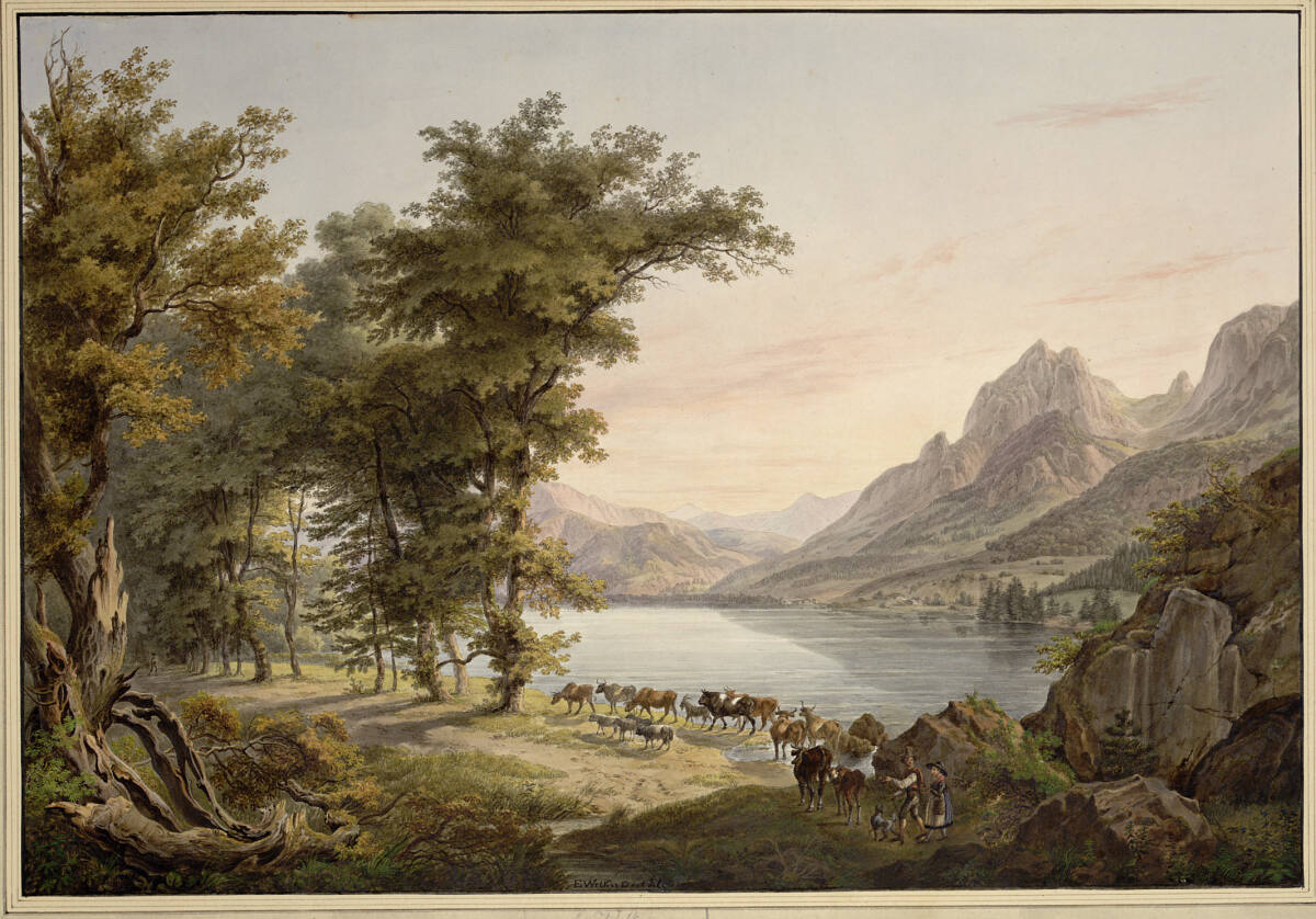 Der Hintersee in Berchtesgaden, auf der Pinzgauer Straße auf das Mühlsturzhorn zu, Ernst Welker, 1818–1821