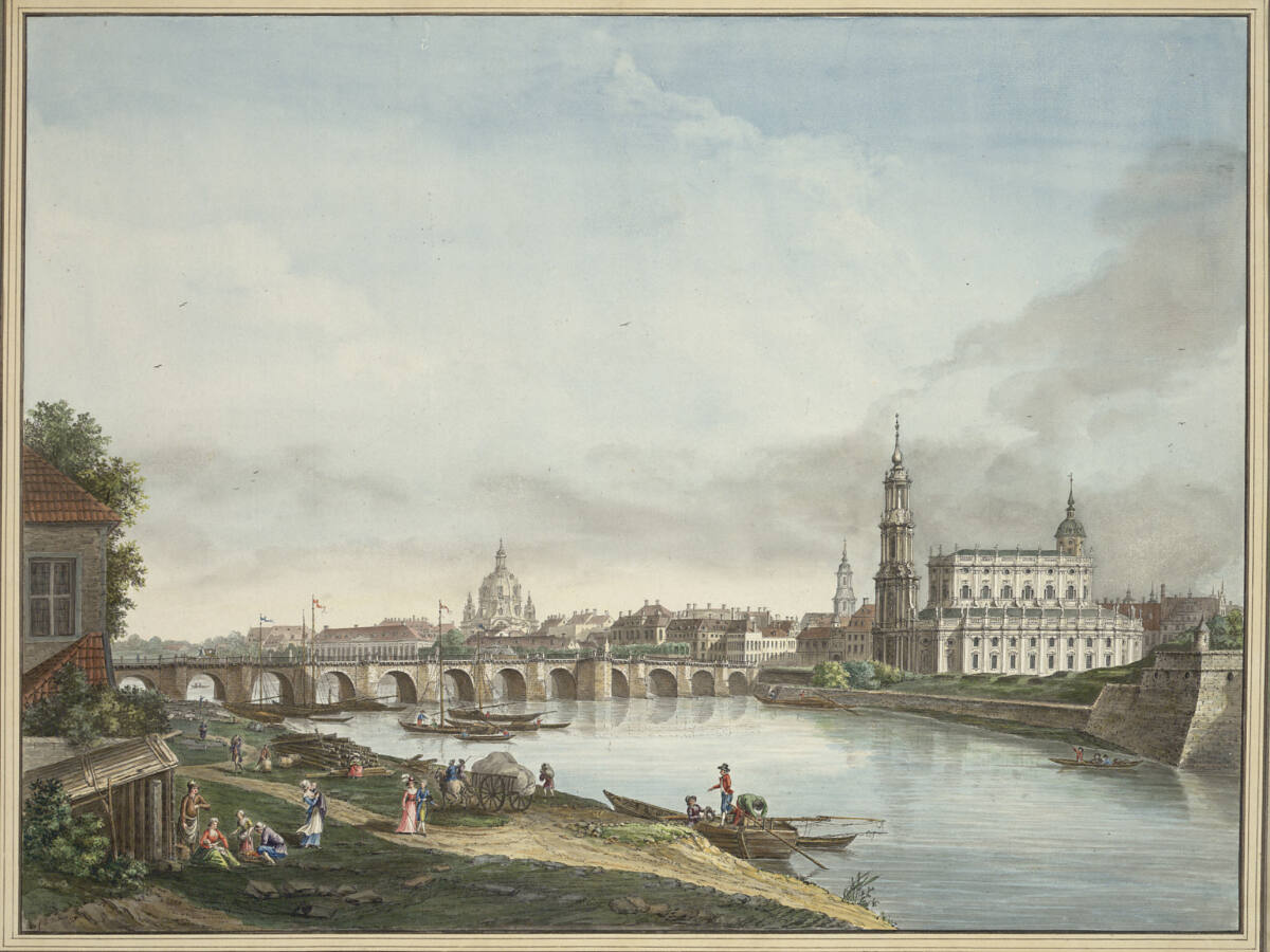 Blick auf Dresden von der Neustadt aus über die Elbbrücke auf die Hof- und Frauenkirche, FrançoisLefèbvre, 1792
