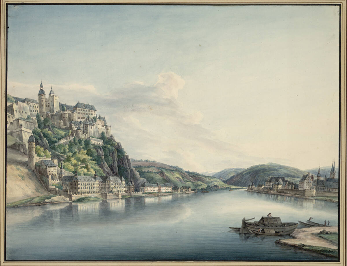 Ehrenbreitstein am Rhein mit der Festung, gegenüber Koblenz, flussaufwärts gesehen, Christian Georg Schütz