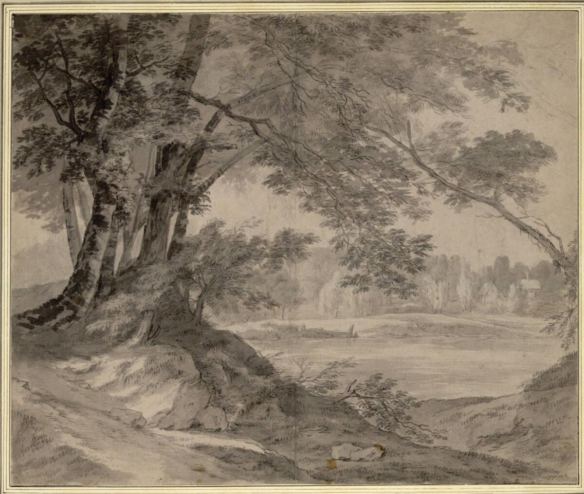 Lodewyk de Vadder, Baumgruppe an einem Weg mit Ausblick auf ein Gewässer, Inv. Nr.: 15111