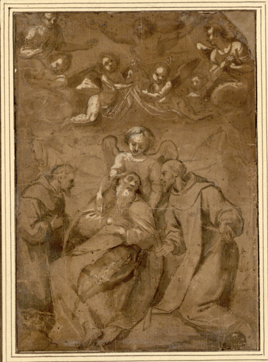 Tod des heiligen Antonio Abate, von einem Engel gestützt; rechts unten Kopf und Vorderfuß eines Kalbes, Pietro Sorri