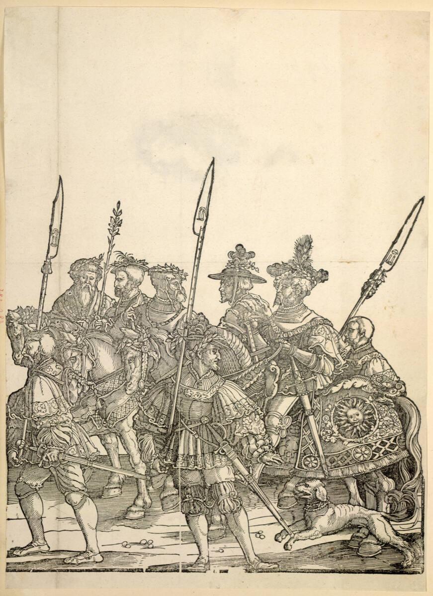 Hans Schäufelin, Triumphwagen für Kaiser Karl V. - Reiter, Soldaten und ein Hund, Inv. Nr.: DG1…