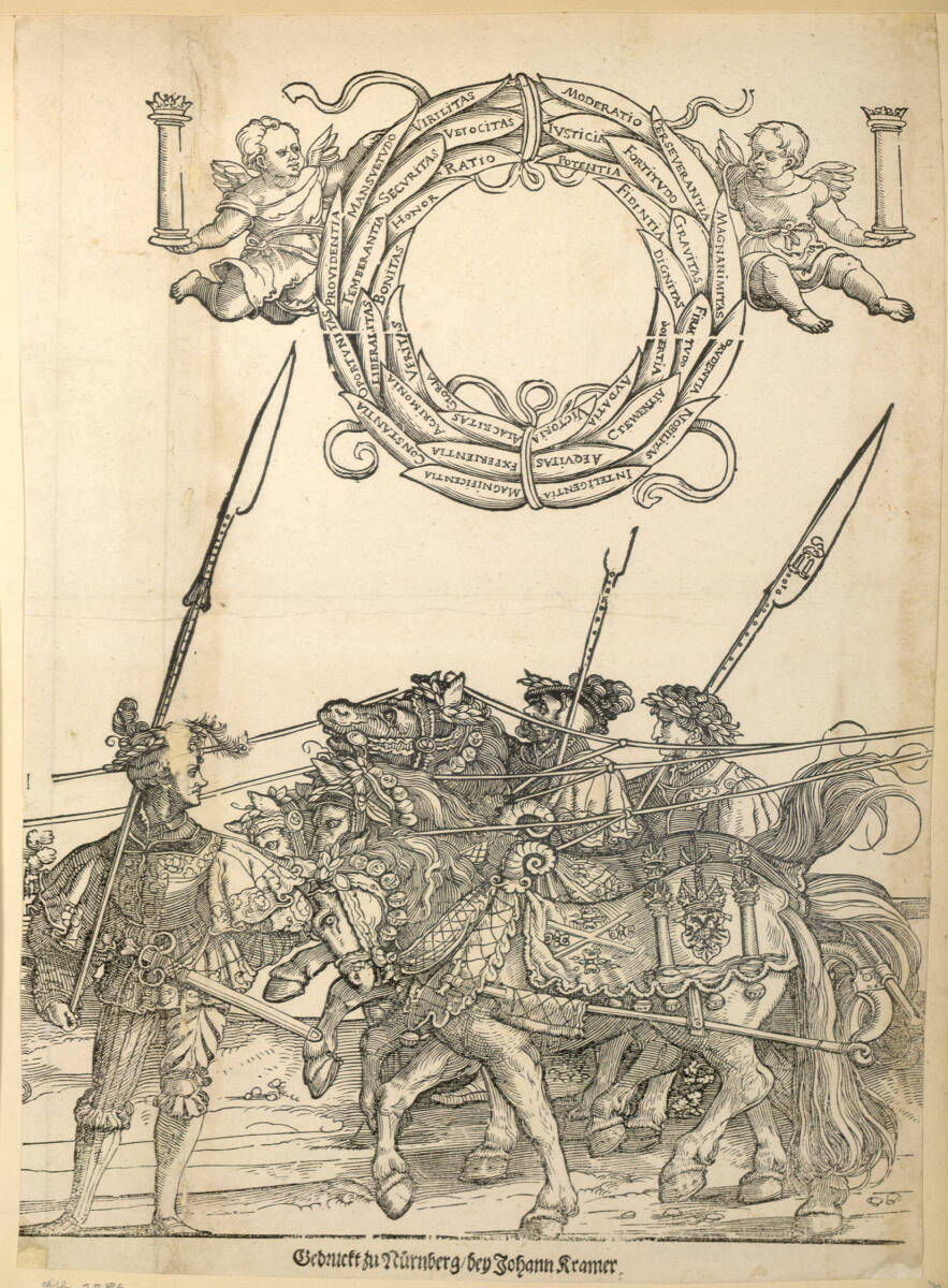 Triumphwagen für Kaiser Karl V. - Ehrenkranz und dritte Reihe des Pferdegespanns, JohannKramer, 1551–1556