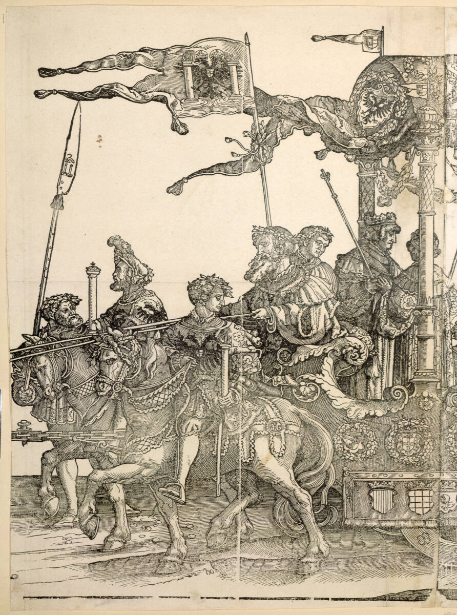 Triumphwagen für Kaiser Karl V. - vierte Reihe des Pferdegespanns und vorderer Teil des Triumphwagens, JohannKramer, 1551–1556