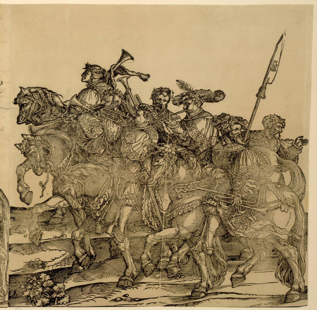 Hans Schäufelin, Triumphwagen für Kaiser Karl V. - Musiker und Reiter, Inv. Nr.: DG1937/359