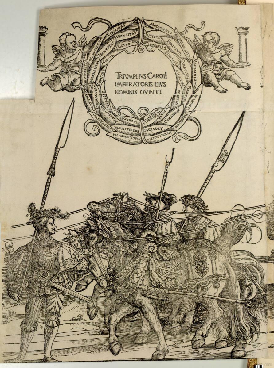 Hans Schäufelin, Triumphwagen für Kaiser Karl V. - Ehrenkranz und dritte Reihe des Pferdegespan…