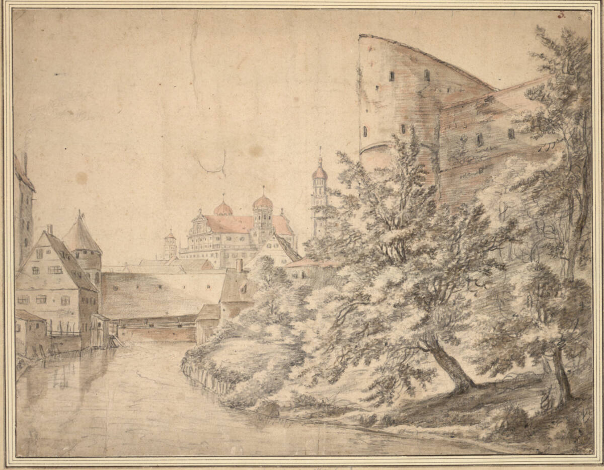 Blick über ein Wehr auf das Rathaus von Augsburg, Herman Saftleven