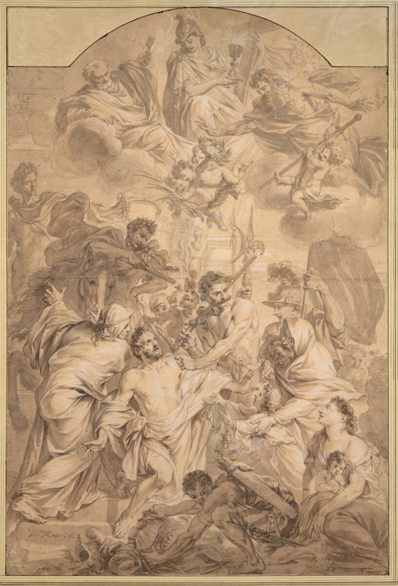 Martyrium des hl. Georg (im Himmel: Ecclesia zwischen den hll. Peter und Paul) (Altarentwurf), Godfried Maes