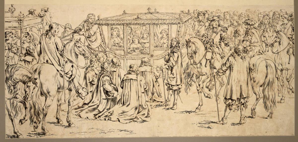 Adam Frans van der Meulen, Die Bischöfe von Paris knien vor der Königin, die mit ihren Hofdamen…