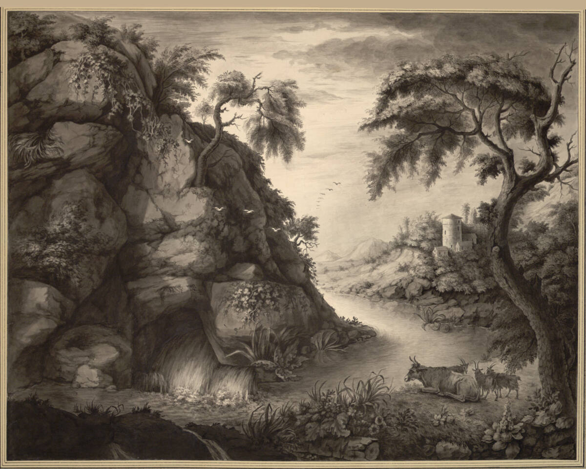 Flußlandschaft mit Felswand und kleinem Wasserfall, eine liegende Kuh und drei Ziegen am Ufer, Paul-Louis Cyfflé