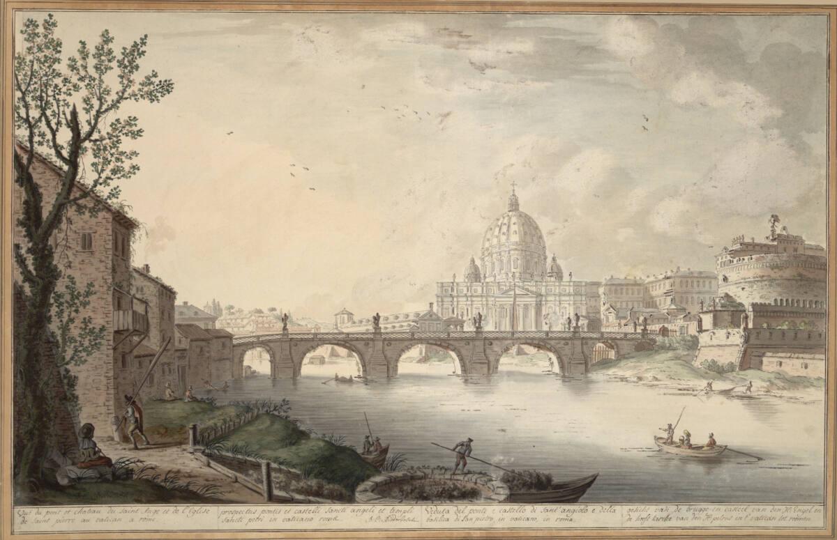 Bernard Auguste Ridderbosch, Tiberansicht mit Engelsburg, Engelsbrücke und Petersdom, Inv. Nr.:…