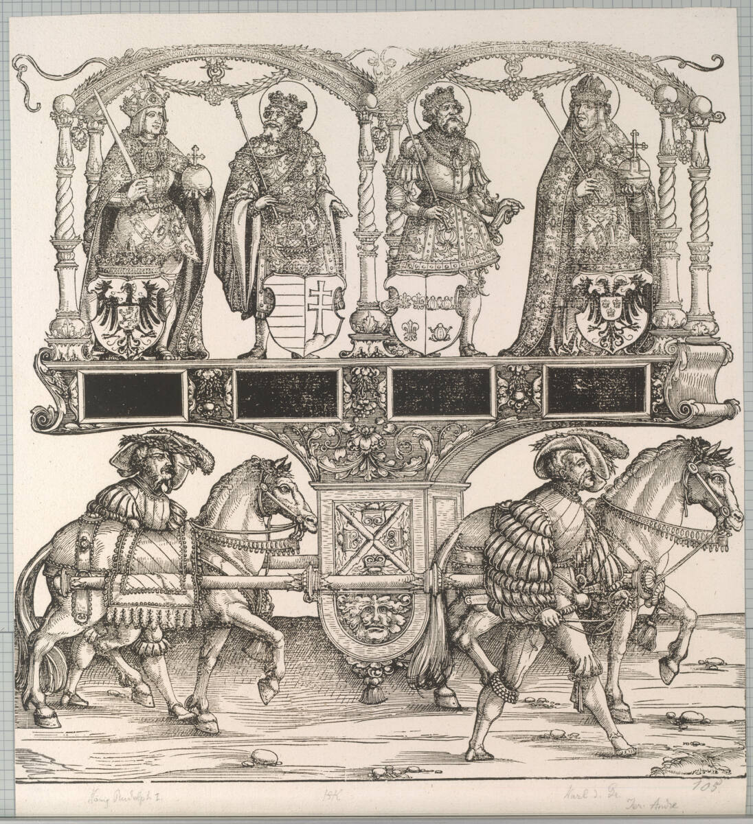 Triumphzug Kaiser Maximilians I.: Kaiser Rudolf I., die Könige Stephan v. Ungarn und Chlodwig I., Kaiser Karl d. G., Hans Springinklee, 1796